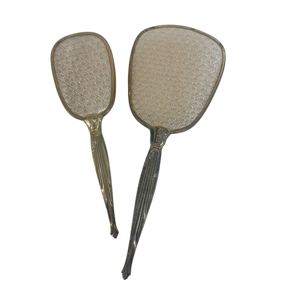 Vintage Victorian Style Vanity Hand Mirror And Brush Gold Tone Ornate‎